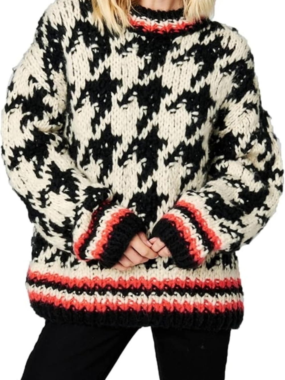 BLANK NYC Chunky Knit Sweater Houndstooth Red, Black Red Oversized Cozy  Small